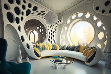 futuristic interior styled livingroom, Modern cozy living room with monochrome blush ai generative