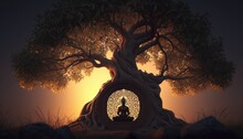 Silhouette Buddha Sitting Under The Bodhi Tree On Sunset Background.
