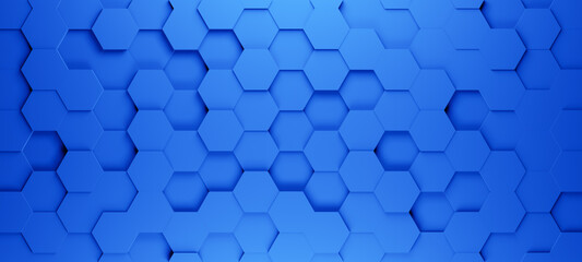 Wall Mural - Hexagonal background with solid blue hexagons, abstract futuristic geometric backdrop or wallpaper with copy space for text