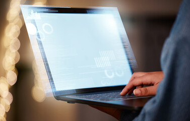 Poster - Mockup screen, typing and employee with a laptop for marketing, website and online search. Digital, business and hands of a corporate worker working on a computer for branding, logo or research