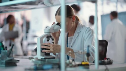Aufkleber - Diverse Young Group of Engineers Working in a Startup Lab. Female Specialist Checking on Electronic Circuit Using Microscope While Two Project Managers Discuss Manufacturing Using Laptop Computer