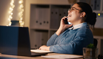 Poster - Business woman, phone call and laughing in office at night, chatting or speaking to contact. Bokeh, overtime or happy female employee with mobile smartphone for funny conversation or comic discussion