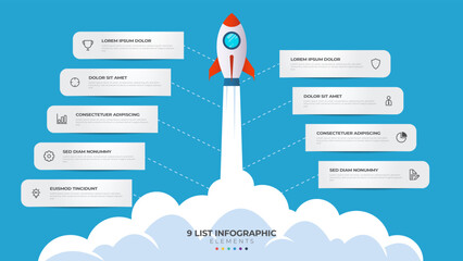 Wall Mural - 9 list of steps, layout diagram with stair level sequence, infographic element template with rocket startup/launch illustration