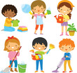 Cartoon kids doing housework or home chores such as cleaning and laundry. 