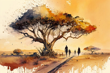 Africa watercolor abstract illustration. Silhouettes of people and nature. Generative ai