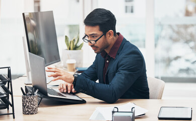 Aufkleber - Laptop, bank administration and man reading finance spreadsheet, online banking payroll or financial accounting. Bookkeeping software, budget analysis gesture and consultant problem solving system