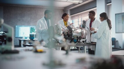 Aufkleber - Young Female Black Engineer Leading her Team, Analyzing and Researching How a Futuristic Turbofan Motor Works. Diverse Scientists Developing Innovative Technology in Industrial High Tech Facility