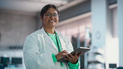 Aufkleber - Portrait of Young Black Female Specialist in a Lab Coat Smiling and Using Laptop Computer. Professional and Successful Woman Working as an Engineer, Thinking and Developing High Tech Projects