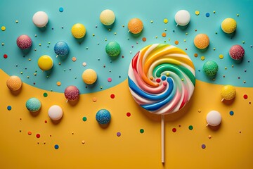 Wall Mural - A copy space surrounded by rainbow colored lollipops and a yellow background studded with glittering stars. Generative AI