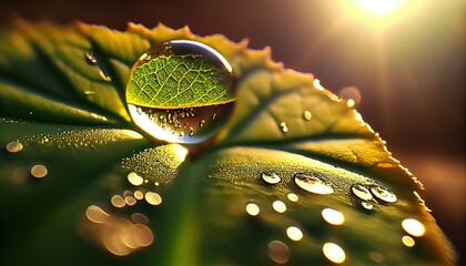 Sticker - Large beautiful drops of transparent rain water on a green leaf macro. Drops of dew in the morning glow in the sun. Beautiful leaf texture in nature. Natural background. Generative Ai