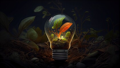 realistic 3D environment and Earthday concept. the lightbulb has a tree inside it. Lightbulb with a tree growing on it. The ecological notion of saving the earth with green energy. Generative AI