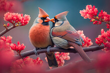 Couple Of Romantic Cardinal Birds On A Branch. Love Concept. Generative AI
