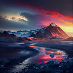 Wall Mural - Fantasy landscape of waterfalls, mountains and river in glowing sunset, AI-Generated