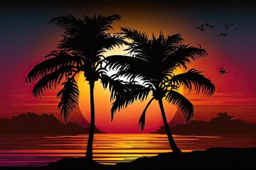 Poster - Sunset silhouette of two palm trees on a tropical beach. Generative AI