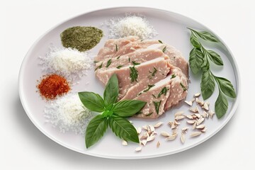 Canvas Print - On a white platter, minced raw chicken is seasoned with herbs and spices. perspective from on high. Generative AI