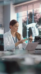 Aufkleber - Vertical Screen: Portrait of Professional Female Scientist Working in Industrial Lab Using Laptop Computer. Project Manager Making Strategy Plans for Industrial Production Company, Using Technology