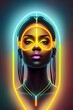 colorful blue and yellow neon light wrapped around head of gorgeous african dark skin woman illustration