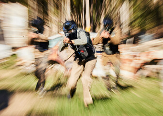 Poster - Blurred, military and people with guns for paintball, training and action game in nature. Fitness, defocused and soldier men shooting for war on battlefield, physical activity or cardio in a forest