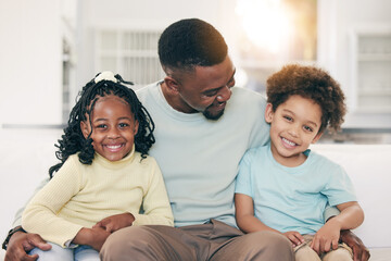 Canvas Print - Black family, home and children portrait with happiness and parent love in a living room. House, smile and happy kids with father care and support in a household together with dad feeling positive