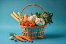 Vegetables In A Wicker Basket On A Blue Background, With Copy Space Vegetables In Wicker Basket On A Blue Background With Copy Space. Generative AI