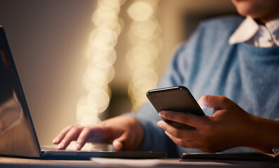 Poster - Hands, business phone and laptop in office for web browsing, research or social media. Night bokeh, cellphone or woman, professional or employee with mobile smartphone for internet scrolling online.