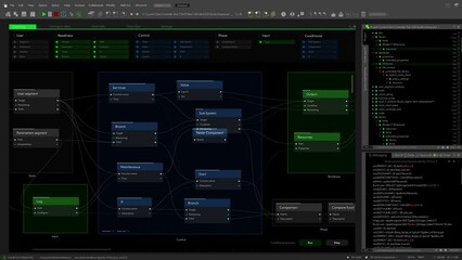 Poster - Dark Computer Interface Mockup Of Programming Infrastructure For Automated Solutions. Automation Knods with Generic Programming Language and IP Addresses. Template for PC Displays and Laptop Screens.