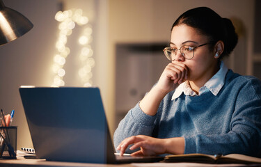 Poster - Business woman, laptop and thinking in home at night, working on project or research. Idea, reading or female professional, freelancer or remote worker on computer planning, contemplating or decision