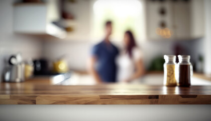 Wall Mural - An empty kitchen counter worktop for product display. blurred people in the background. Generative ai