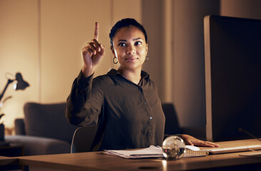Aufkleber - Business woman, hands or interactive night office for stock market management, finance planning or future growth innovation. Worker, employee or pointing finger on touch software, computer or fintech