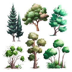 Wall Mural - tree and bushes, vector set of illustrations in cartoon style