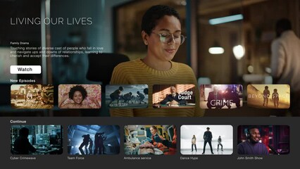 Poster - Interface of Streaming Service Website. Online Subscription Offers TV Shows, Realities, Fiction Movies, and Podcasts. Screen Replacement for Desktop PC and Laptops With Featured Family Drama.