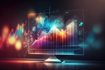 Poster - abstract creative holographic financial chart with double exposure on a modern corporate office back