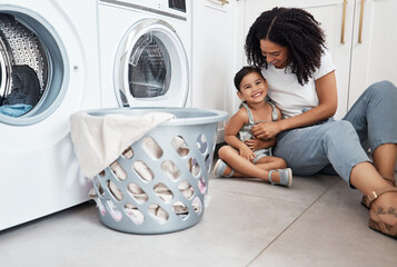 Poster - Mom, girl child and basket by washing machine on floor for cleaning, bonding and comic time in house. Laundry, mother and daughter with happiness, love and care in family home with tickle for smile