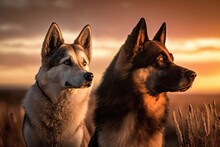 In The Dog Meadow, A Husky And A German Shepherd Have A Good Time. Photo Of Canine Companionship Taken Against The Setting Sun. Brown Fur Can Be Seen On Both The Shepherd And The Husky. Generative AI