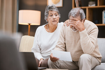 Wall Mural - Stress, finance and senior couple planning retirement, mortgage anxiety and sad about pension paperwork. Depression, audit and elderly man and woman with a financial crisis and insurance mistake