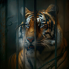 Tiger Locked In A Cage. Generative AI.