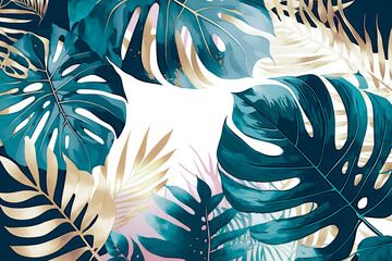 Tropical foliage watercolor background. Summer botanical design with gold line art, monstera, palm, and watercolor texture. Luxury tropical jungle illustration for banner, poster, and wallpaper