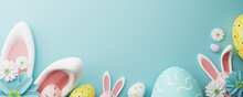 Easter Party Concept. Top View Photo Of Easter Bunny Ears White Pink Blue And Yellow Eggs On Isolated Pastel Blue Background With Copy Space. 3d Rendering.