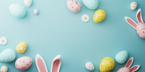 easter party concept. top view photo of easter bunny ears white pink blue and yellow eggs on isolate