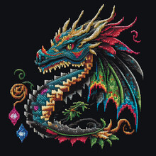 Colorful Textured Embroidery Flying Dragon Pattern Background Illustration. Bright Ornamental Tapestry Stitching Lines Abstract Dragon. Cross Stitching Digital Design. For Applique, Prints, Craft