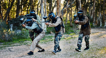 Poster - Army, military and people with guns for paintball, shooting game and training in nature. Fitness, teamwork and group of friends playing sporty games, running for battle and target game in a forest