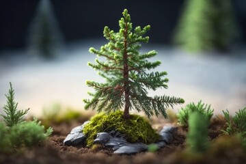 Wall Mural - A spruce tree sprouts from the ground. Miniature evergreen conifer. Natural setting with moss and a young spruce and fir tree. Generative AI