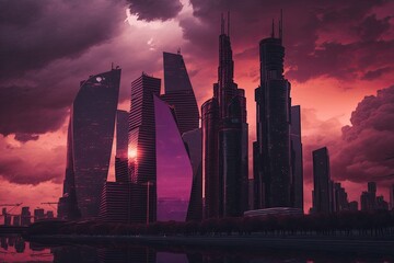 Poster - the gloomy crimson sunset sky and the tops of modern business structures. cityscapes dominated by sk