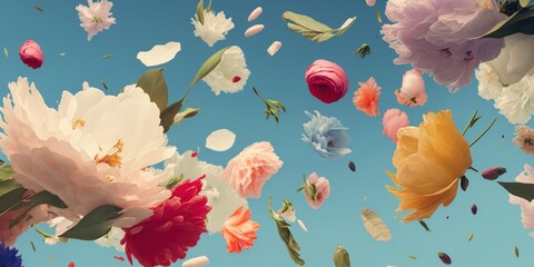 Wall Mural - Spring abstract background of fresh colorful meadow flowers in the air. On clear blue sky, plant nature concept. Flower explosion. Generative AI.