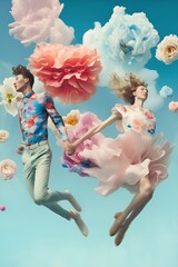 Wall Mural - Portrait of young beautiful couple in love on Spring abstract background, fresh colorful meadow flowers in the air. On clear blue sky, plant nature concept. Flower explosion. Generative AI.