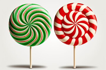 Wall Mural - Images of a green and red lollipop are displayed on a white background. Generative AI