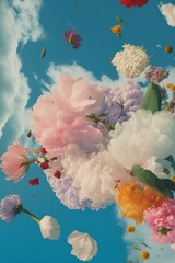 Wall Mural - Spring abstract background of fresh colorful meadow flowers in the air. On clear blue sky, plant nature concept. Flower explosion. Generative AI.