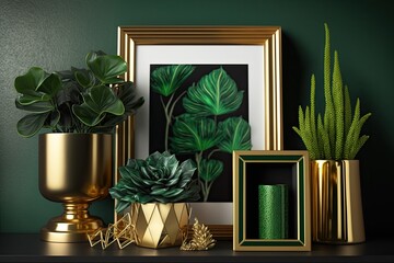 Wall Mural - Gold accents in the living room's decor. Mock photo frame displayed on a green shelf adorned with lovely plants in a variety of stylish containers. Accessories that add a touch of class to any outfit