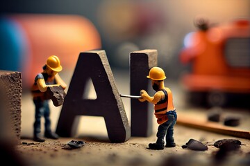 Fototapete - Miniature people construction worker on letter AI. AI concept background. Generative AI