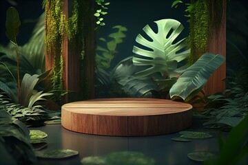 Poster - Wooden podium and tropical plants. Generative AI